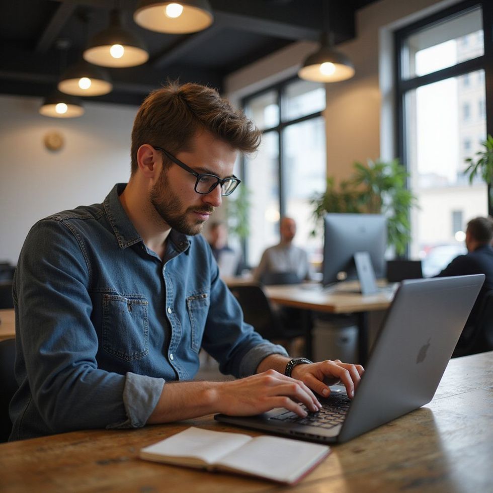 Man with glasses typing on laptop at a wooden desk in an office, notepad open.