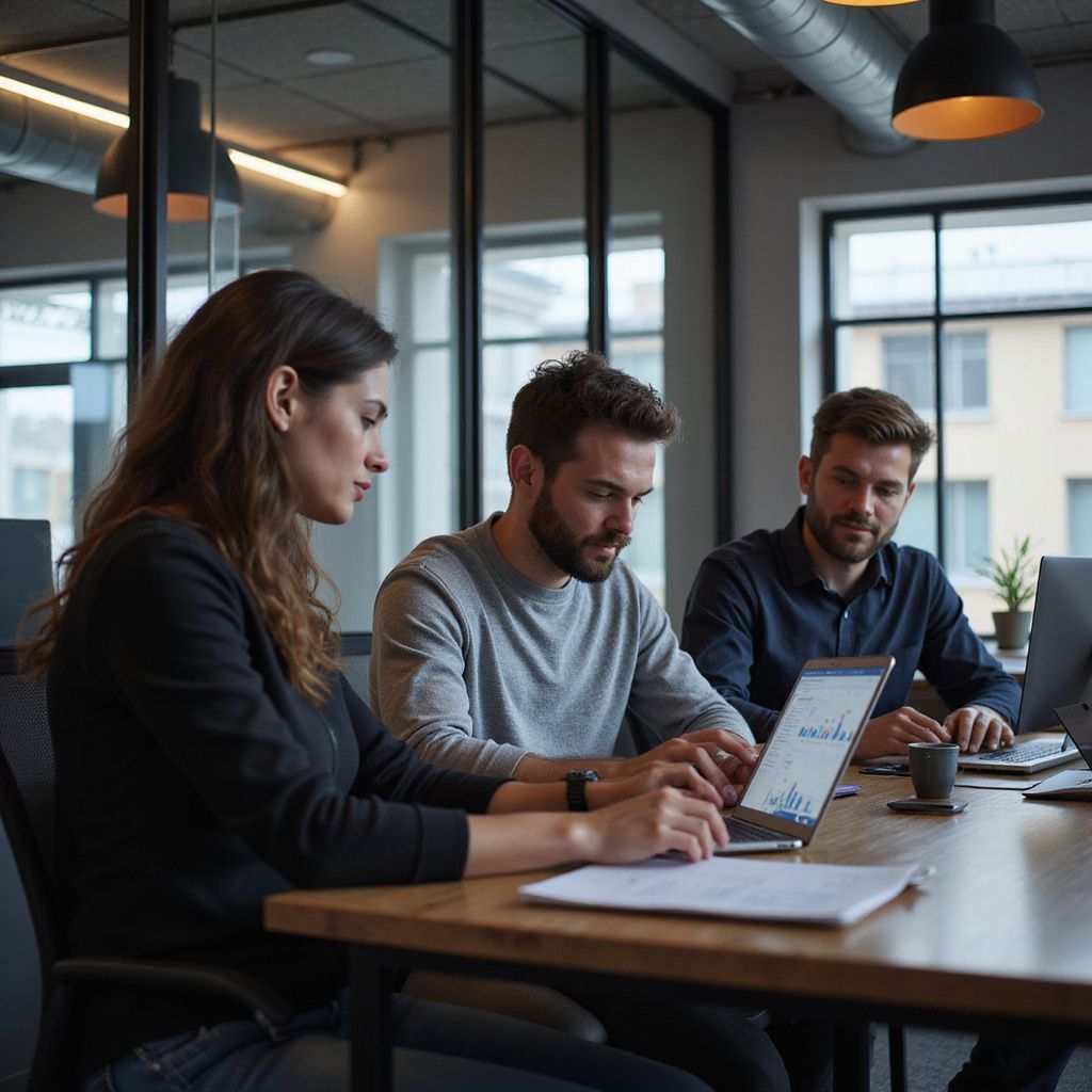 Three people in an office reviewing a laptop screen, working together.