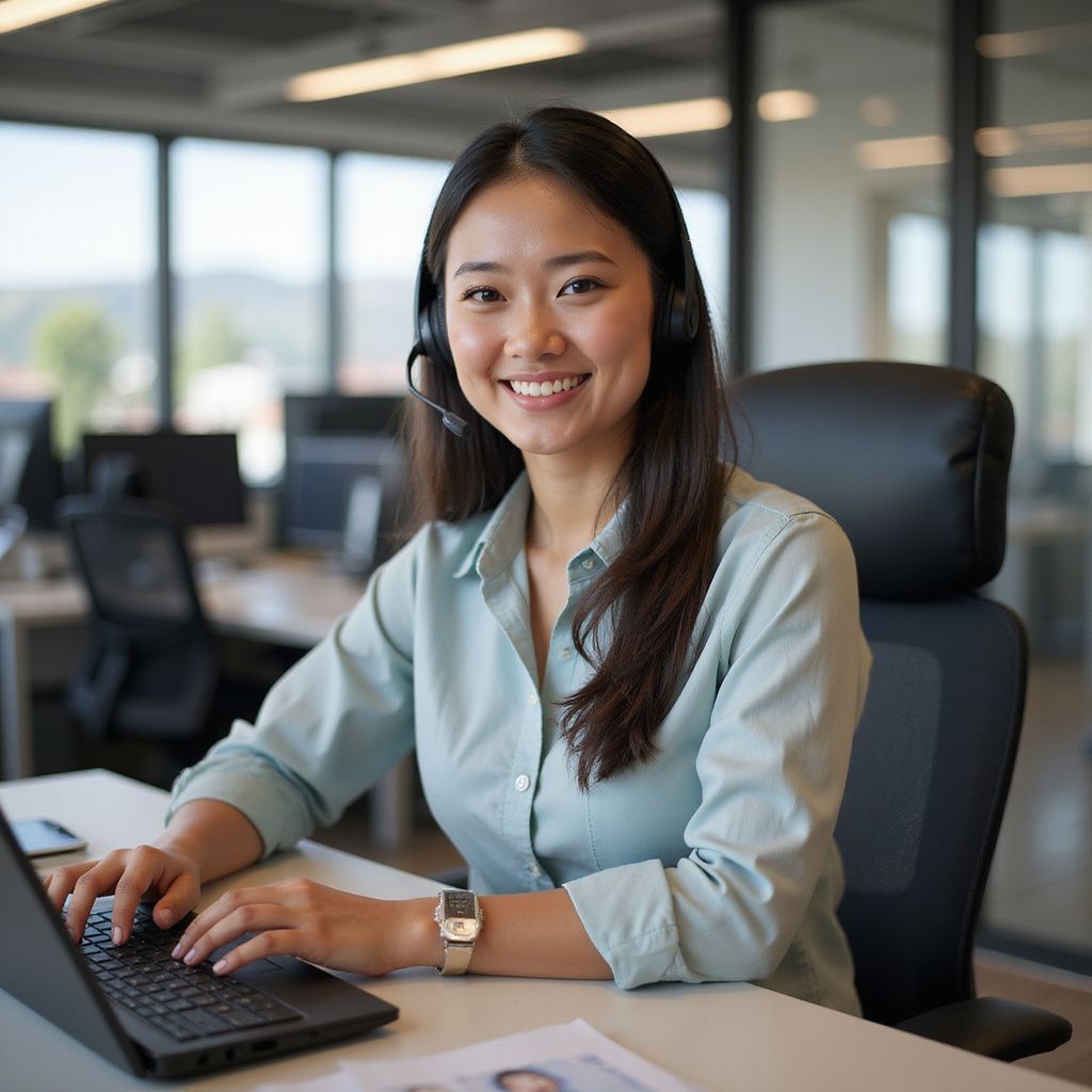 Asian woman in headset and button-down shirt smiles, typing on laptop in office setting.