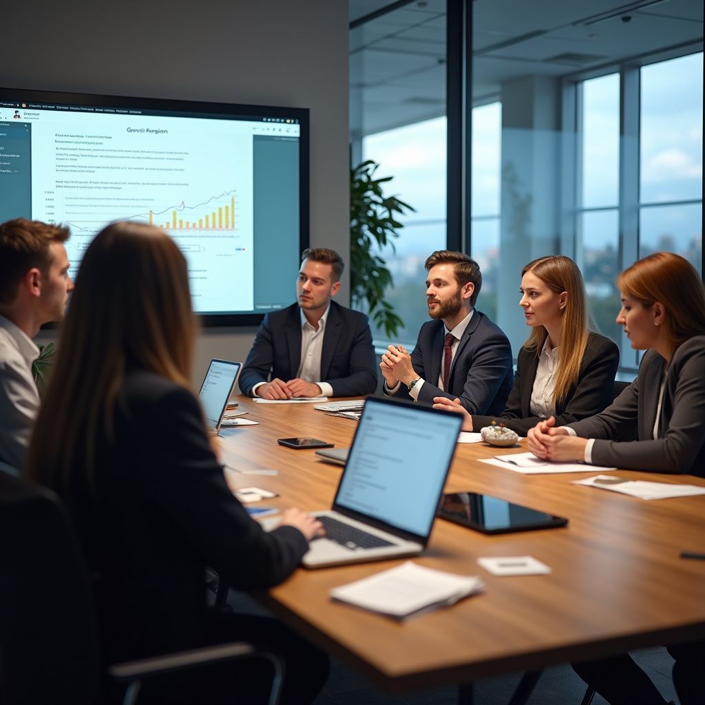 Business meeting in progress. Six people in suits around a table, looking at a screen with charts.