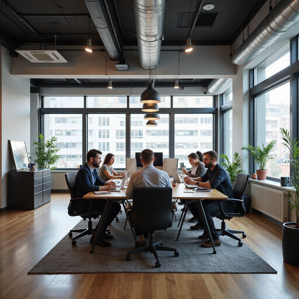 People sit at a long table in a bright office, working on laptops. Large windows, plants, and modern lighting.