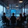 Business team in a modern office monitors data, analyzing charts and graphs.