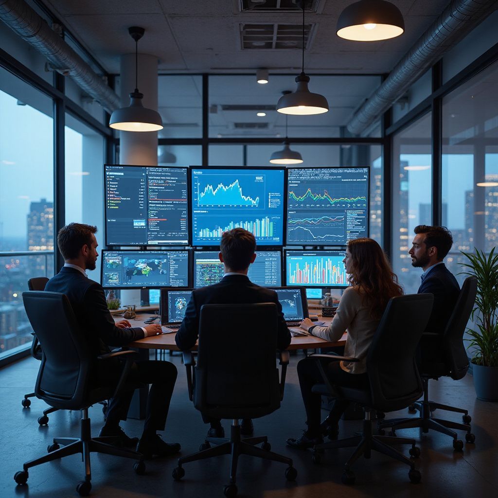Business team in a modern office monitors data, analyzing charts and graphs.