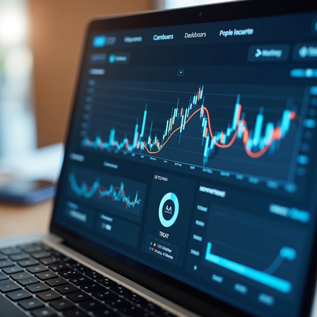 Laptop displaying financial charts with data visualizations.