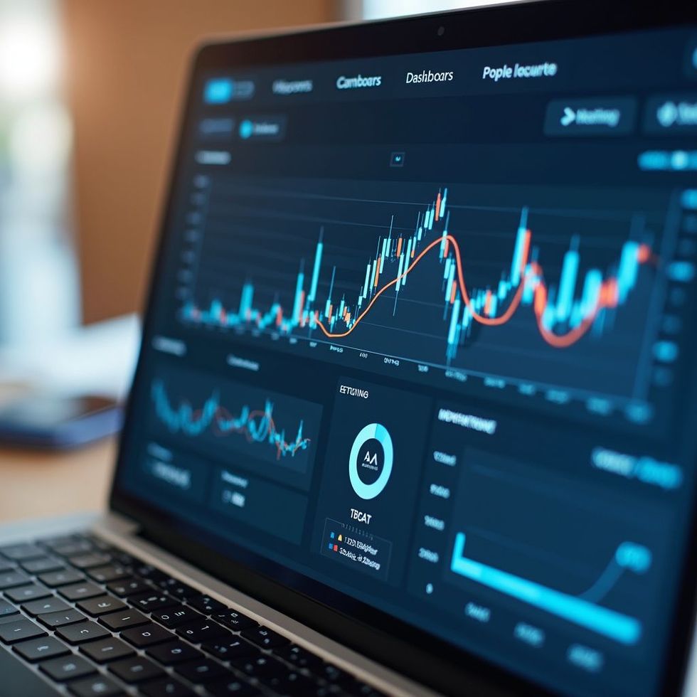 Laptop displaying financial charts with data visualizations.