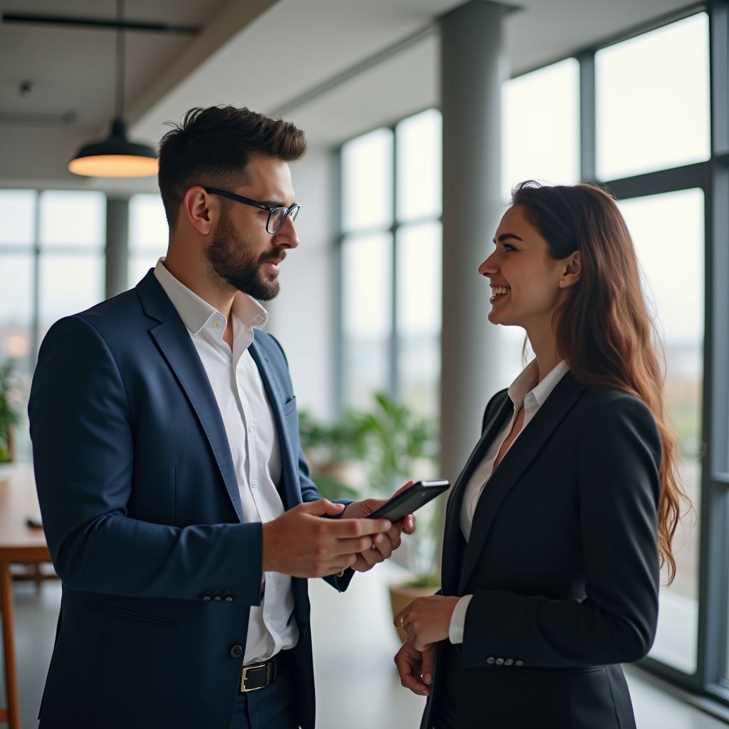 Man and woman in suits converse, man holding tablet, smiling in office setting.