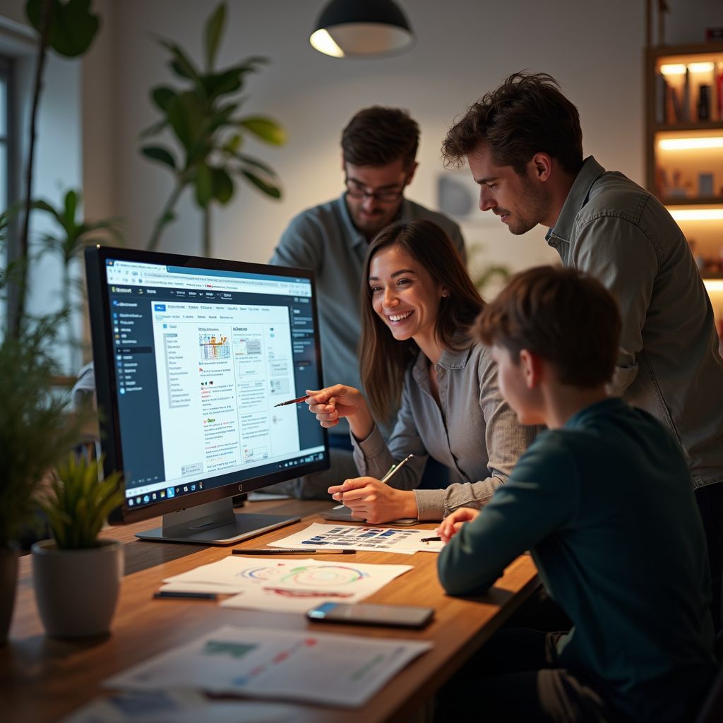 A group of people collaborating around a computer screen indoors, pointing and smiling, discussing a project.