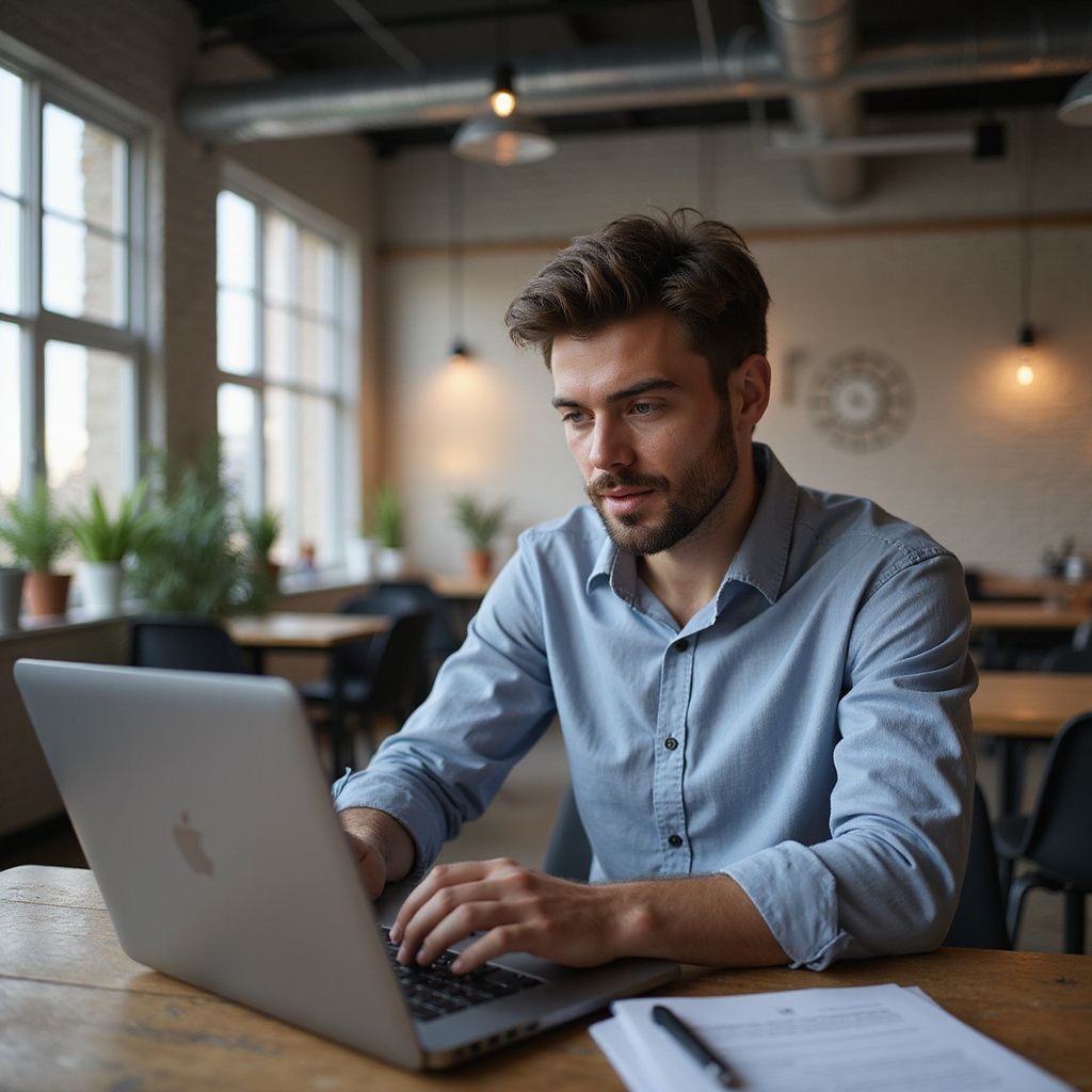 Man with beard typing on laptop at wooden table in a cafe.