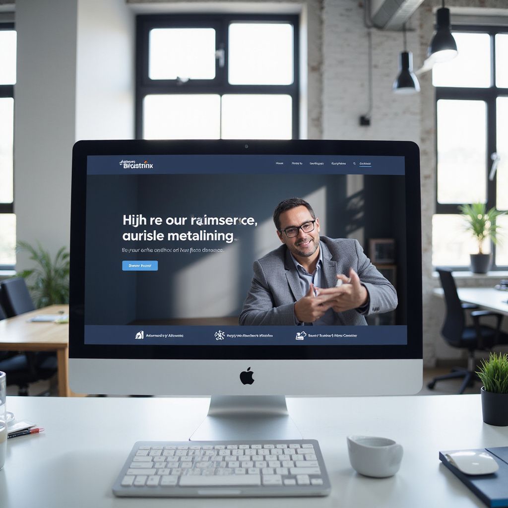 Website on an iMac in an office setting, featuring a man in glasses pointing, with white and blue colors.