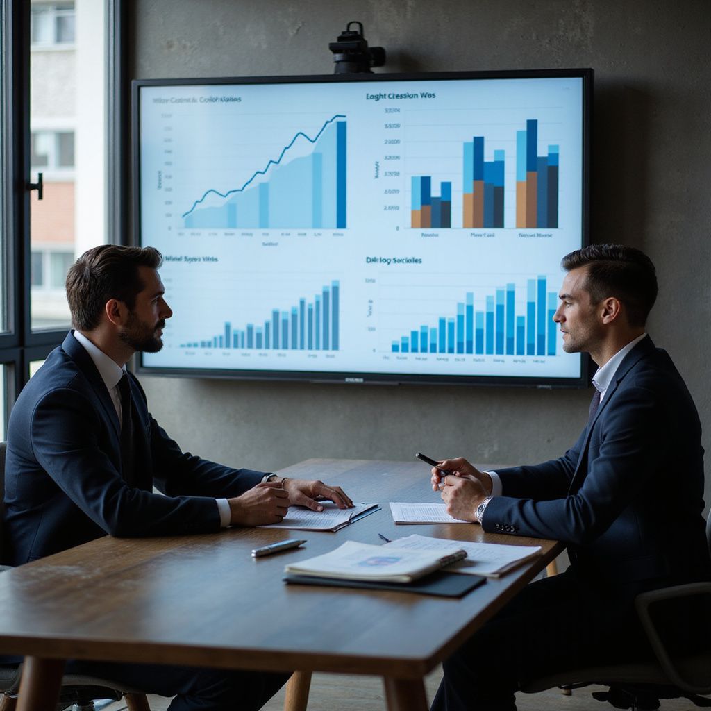 Two men in suits at table, reviewing charts on large screen in office.