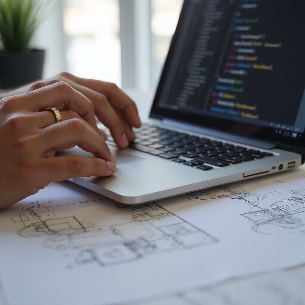 Person coding on laptop with code displayed; blueprints and plant nearby.