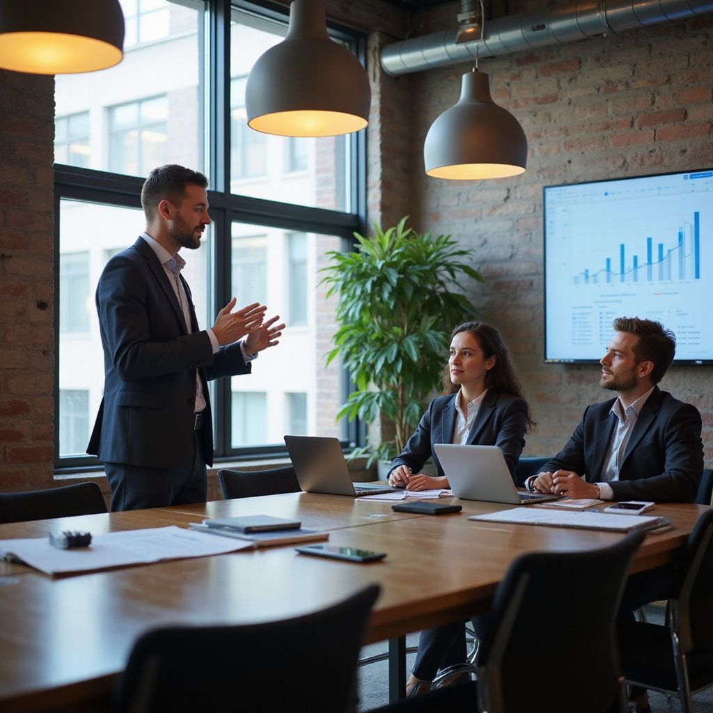 Man in suit presenting to colleagues at a conference table, with graphs displayed.
