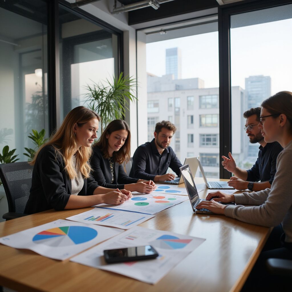 Business team in a meeting, reviewing charts and data, using laptop, in a modern office.