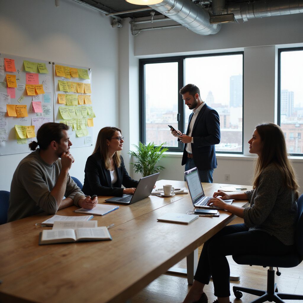 Four people in a meeting room at a wooden table, with a man standing by the window.