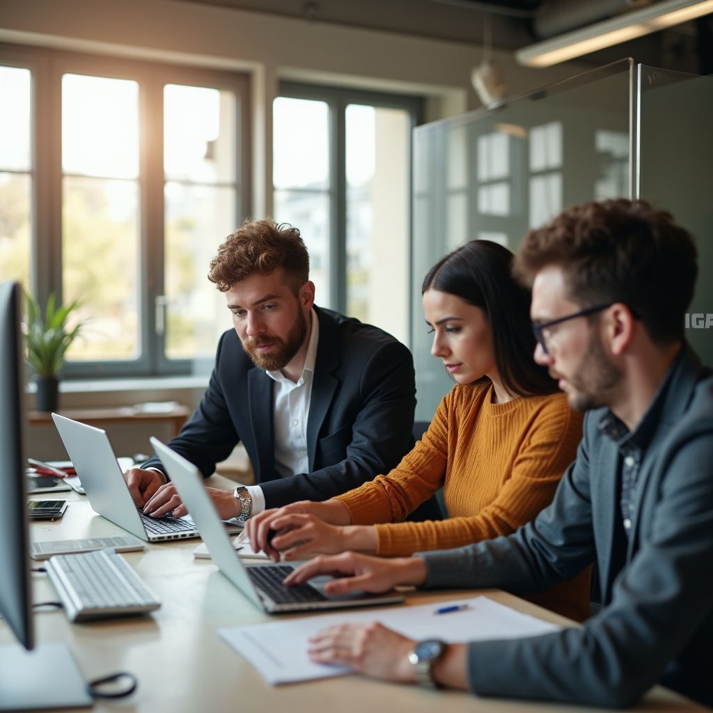 Three people working together at a desk with laptops and documents in a modern office.