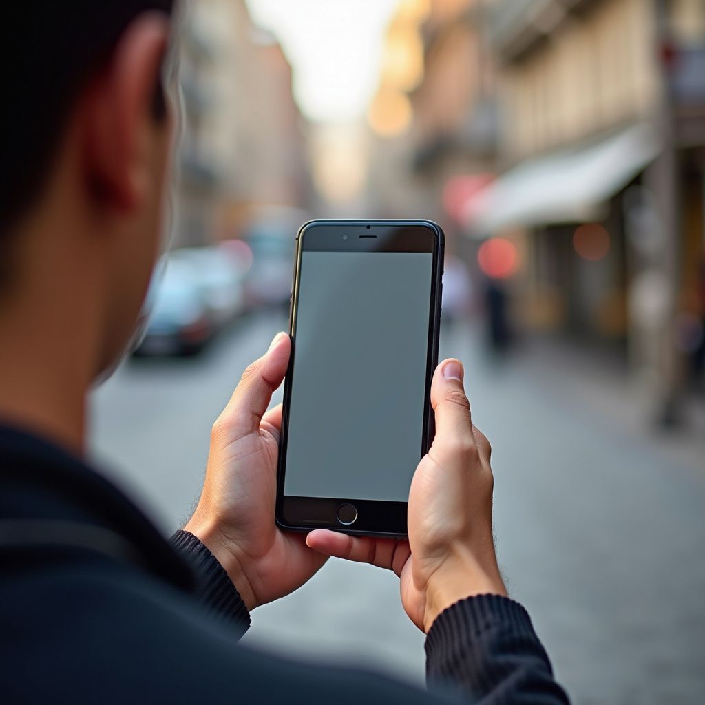 Person holding a smartphone, view of a street in the background.