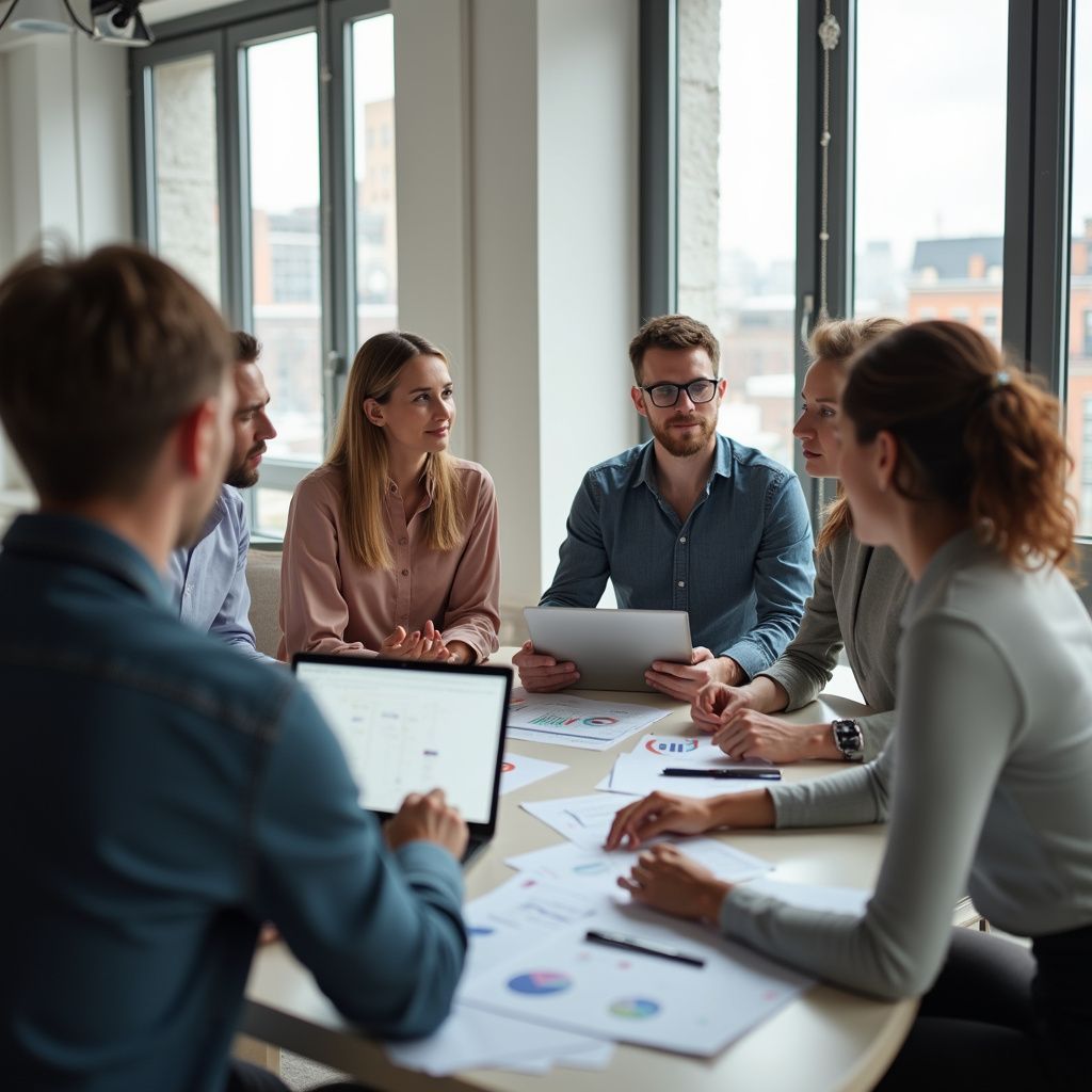 Team of six people in meeting, working on reports, at a table with a window.