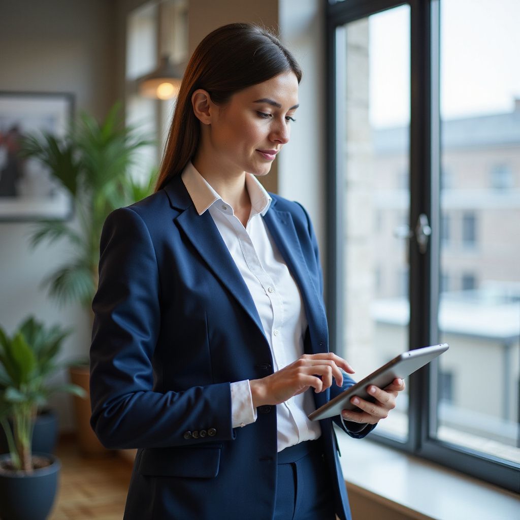 Woman in a blue suit uses a tablet near a window, with plants and a framed picture in the background.