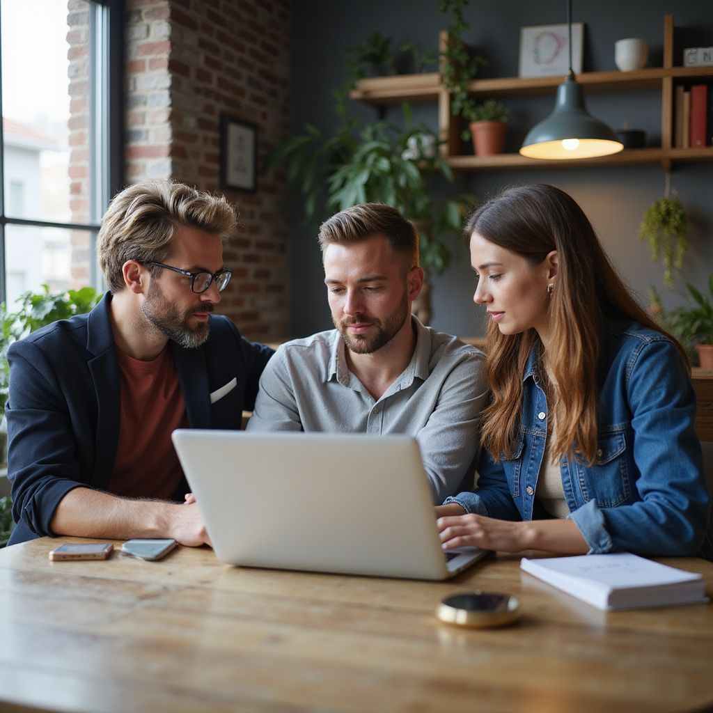 Three people reviewing a laptop at a table in a bright room with plants.
