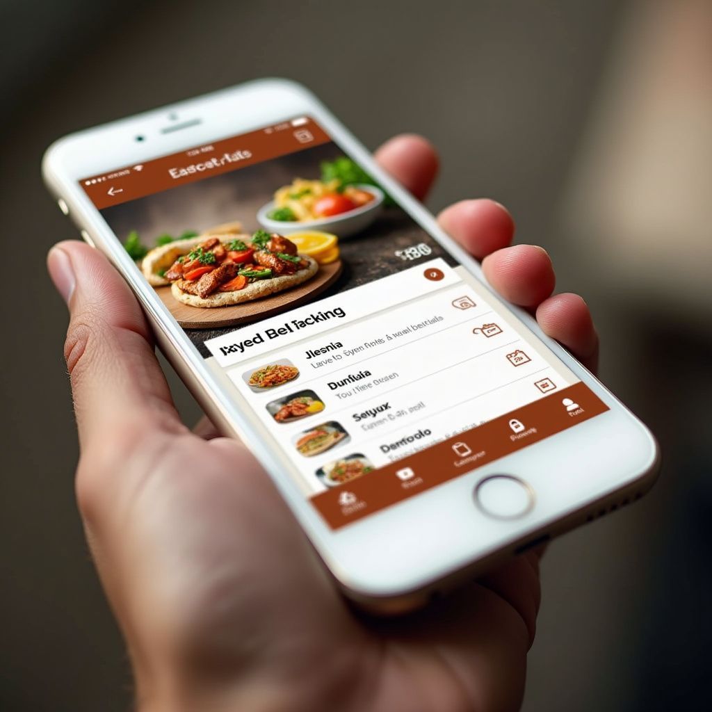 A hand holding a white smartphone displaying a food ordering app, with a Mediterranean dish on the screen.