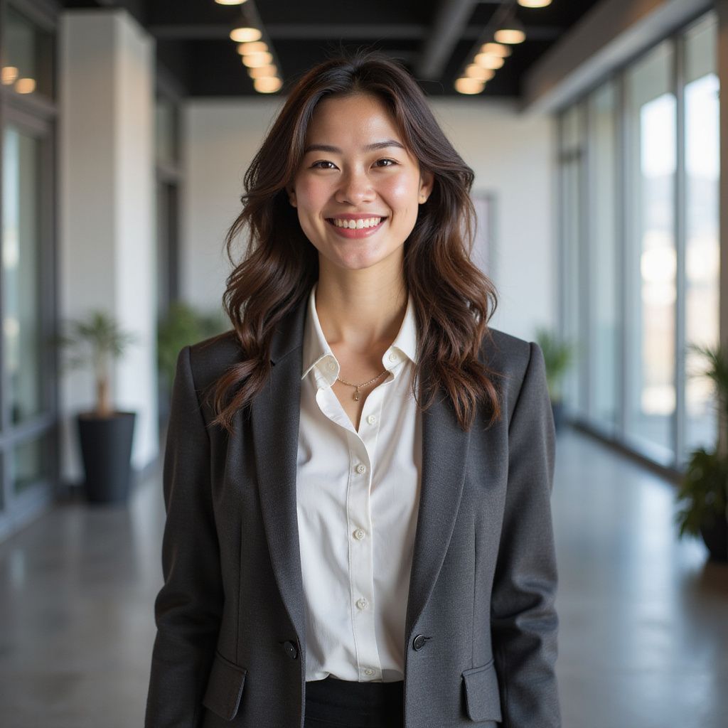Una mujer con blazer gris y blusa blanca sonríe en el pasillo de una oficina.