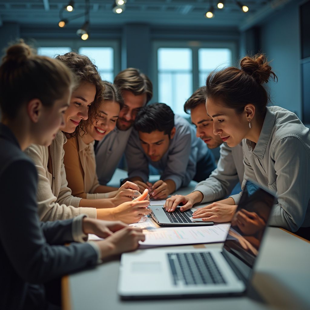 Team of colleagues collaborating around a laptop and papers in a modern office.