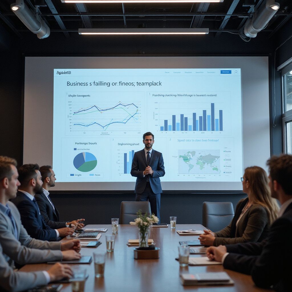 Business presentation: Man in suit presents data on screen to colleagues in a conference room.