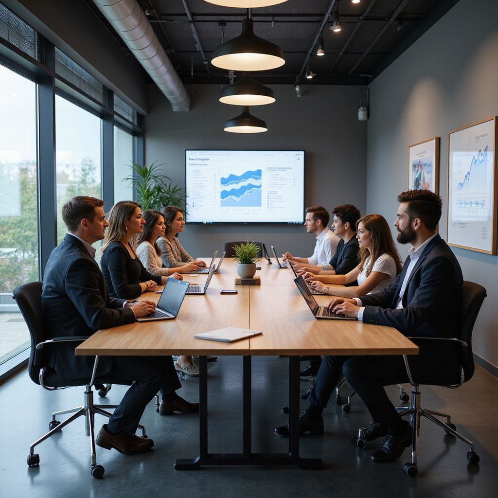 Business team in a modern meeting room, collaborating with laptops, charts on screen.