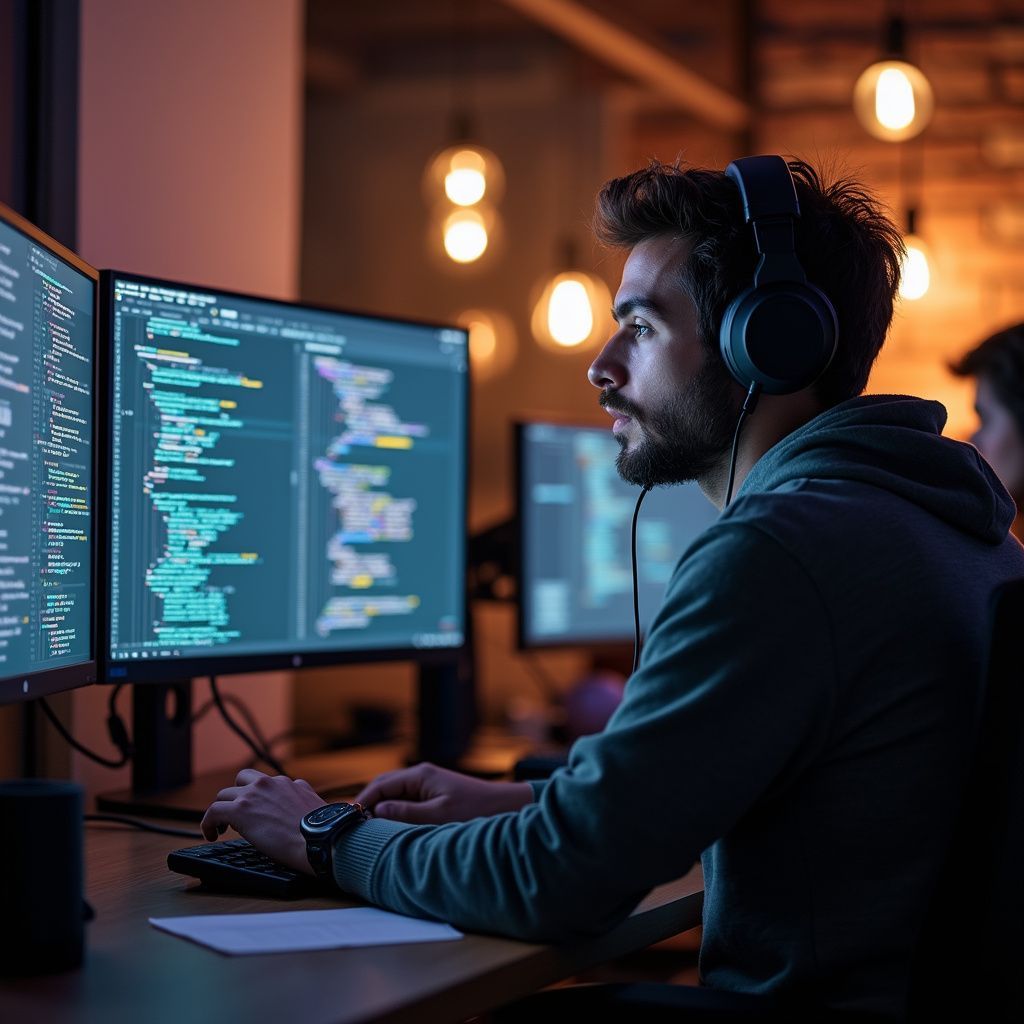 A man wearing headphones works on code at a computer with two monitors, in a dimly lit office.