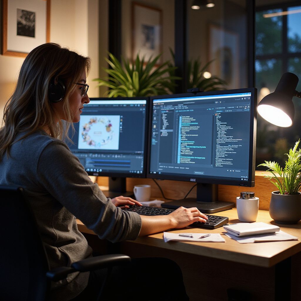 Woman with headphones coding at desk with two monitors, lamp, plants, and notepad.