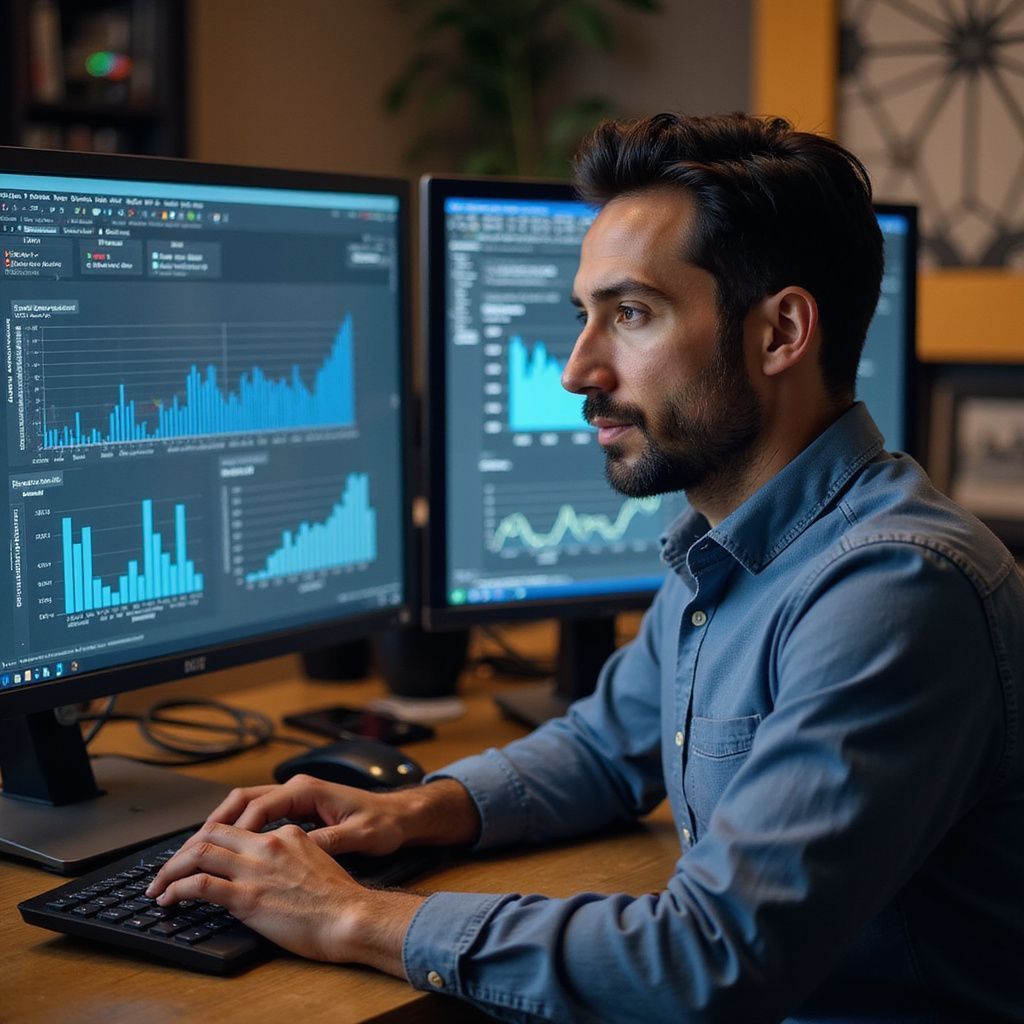 Man in blue shirt analyzes graphs on dual computer monitors, indoors.