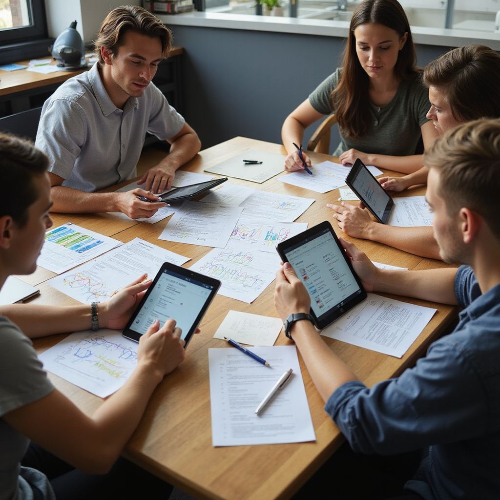 Group of young adults collaborating around a table, using tablets and papers, brainstorming in a well-lit room.