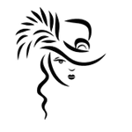 Silhouette of a woman wearing a hat with a feather.