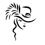 Silhouette of a woman wearing a hat with a feather.