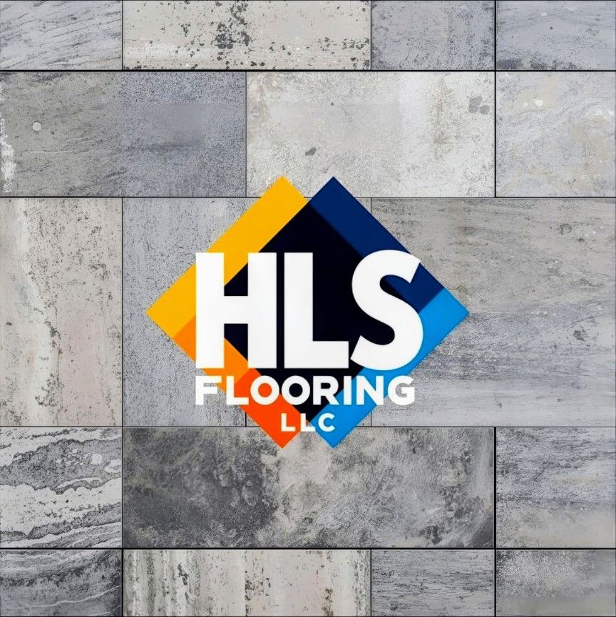 Logo for HLS Flooring featuring an L-shaped pattern of red, yellow, and black square tiles next to the company name.