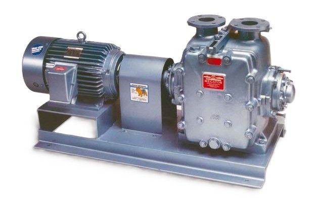 Industrial sliding shoe pump with electric motor, mounted on a metal base, gray color.
