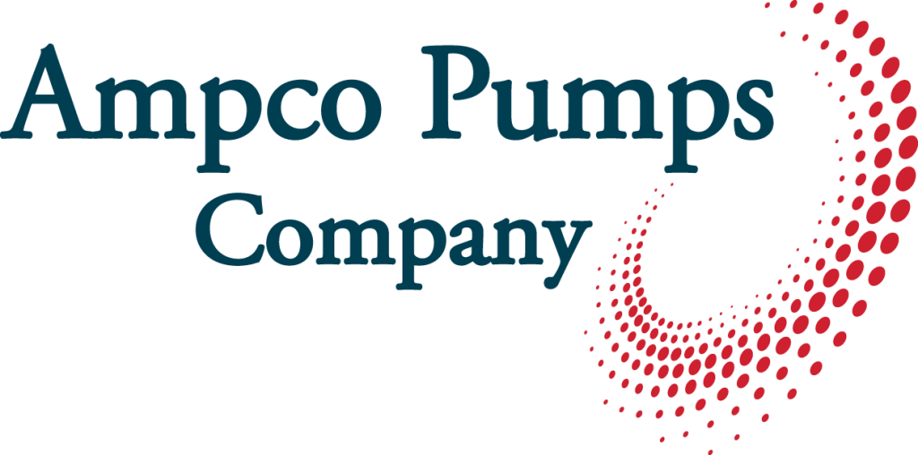 Ampco Pumps Company logo with dark teal text and a swirling red dotted design.