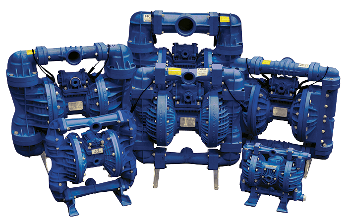 Blue air-operated double diaphragm pumps in various sizes, arranged together.