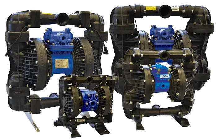 Three black and blue air-operated diaphragm pumps of varying sizes, arranged for display.