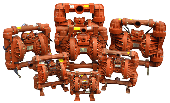 Several red air-operated diaphragm pumps in various sizes arranged against a white background.