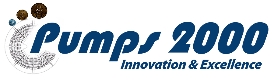 Logo of Pumps 2000 in blue with a graphic of spheres and a coil design, and the tagline,