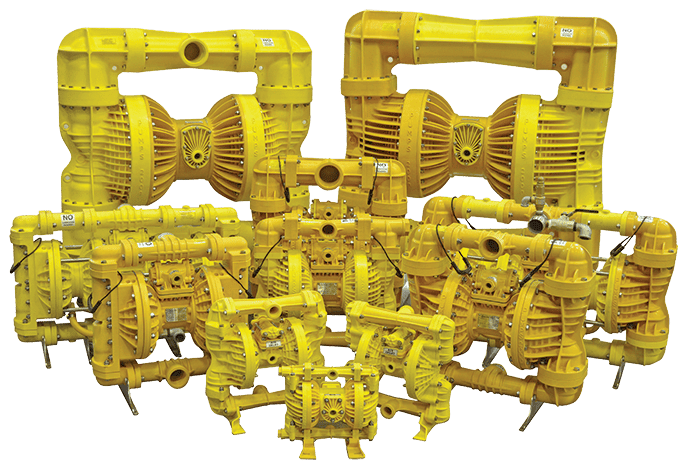 Yellow air-operated diaphragm pumps of various sizes.