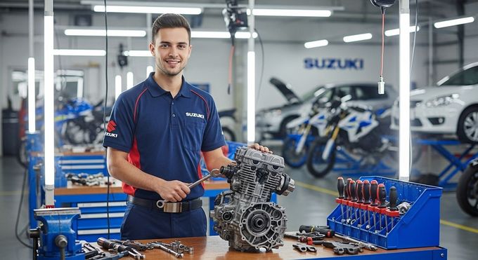 Mecânico em oficina Suzuki segura motor e sorri. Ferramentas e motocicletas ao fundo.