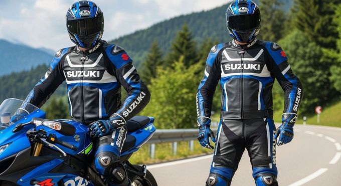 Duas pessoas vestindo roupas azuis de motociclista da Suzuki posam em uma estrada com a moto e a montanha ao fundo.