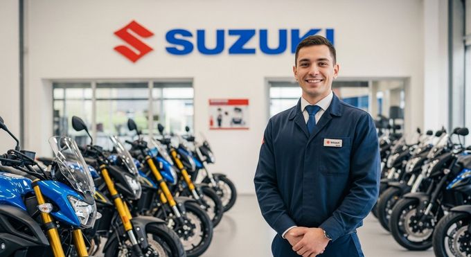 Um homem em uma concessionária Suzuki está parado em frente a fileiras de motocicletas, sorrindo.