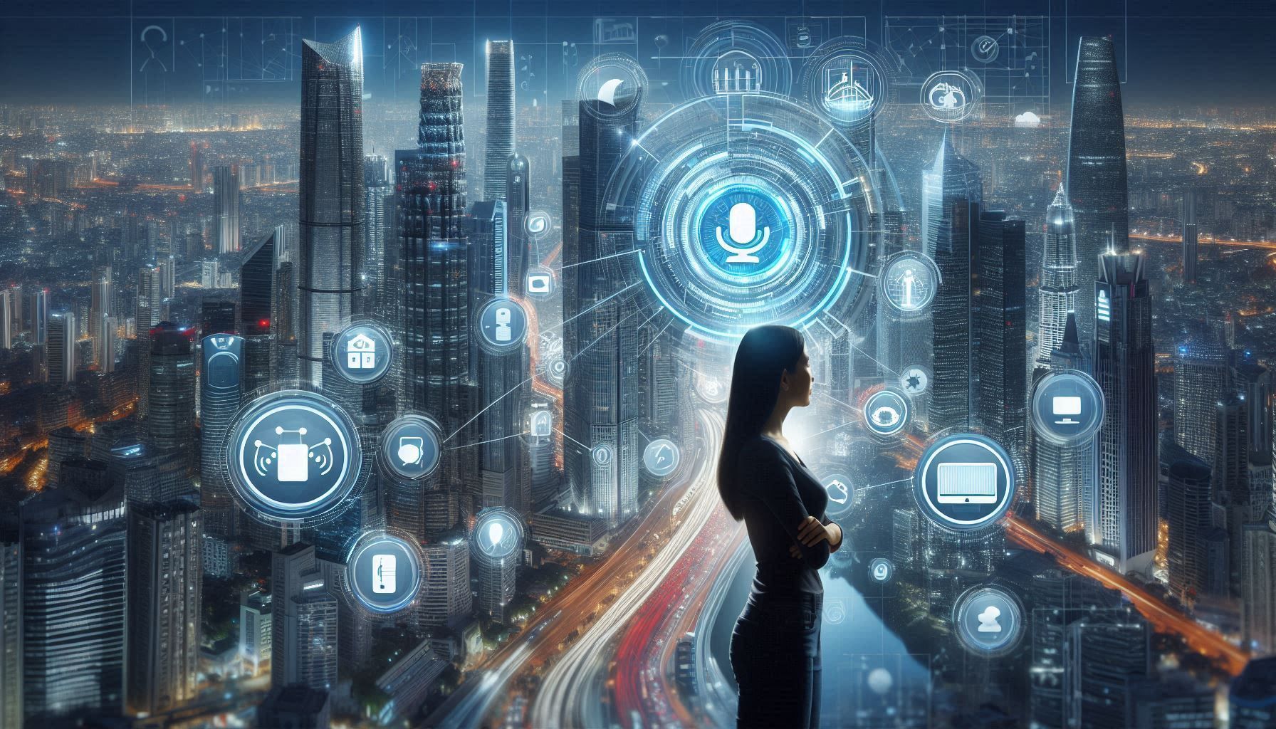 A futuristic city with smart devices and digital assistants seamlessly integrated