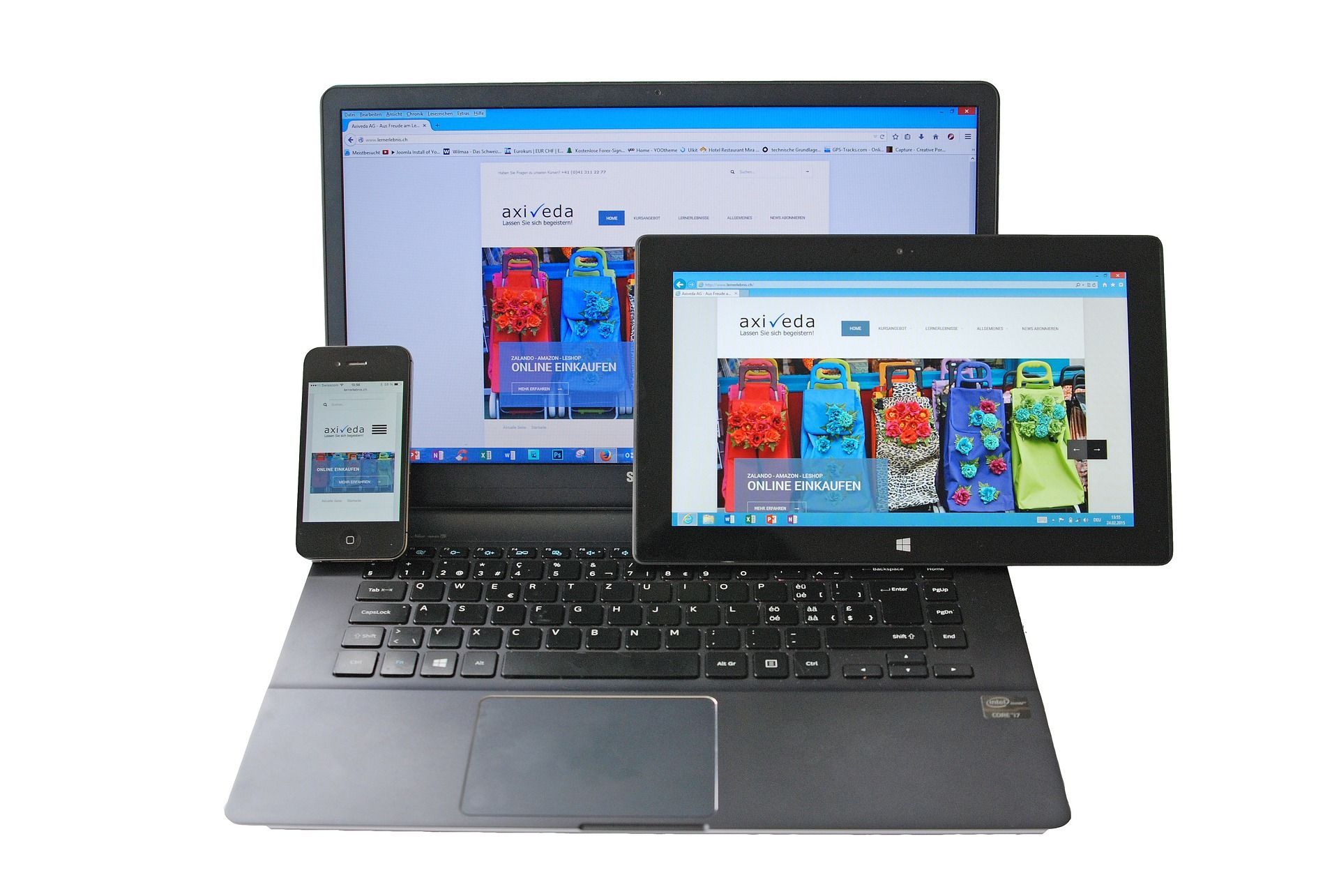 A laptop, tablet and mobile device displaying the same responsive webpage.