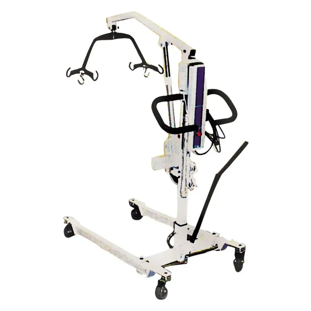 A white and purple patient lift with wheels on a white background.