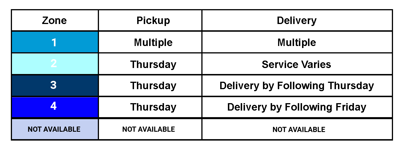 Zone 1 #249ad6 Multiple Pickup & Multiple Delivery, Zone 2 #adfeff Thursday Service Varies, Zone 3 #173b6a Thursday delivery by following Thursday, Zone 4 #0602ff Delivery by following Friday, #c4d0f2 areas not available