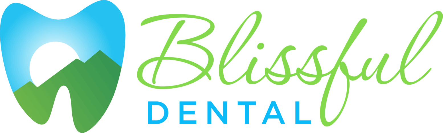 A logo for blissful dental with a tooth and mountains in the background.